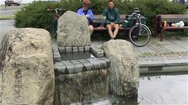 Lunch in the Eidfjord Sculpture Park, 24.6 miles into the ride.  Gavin is busy locking his wallet in the lavatory